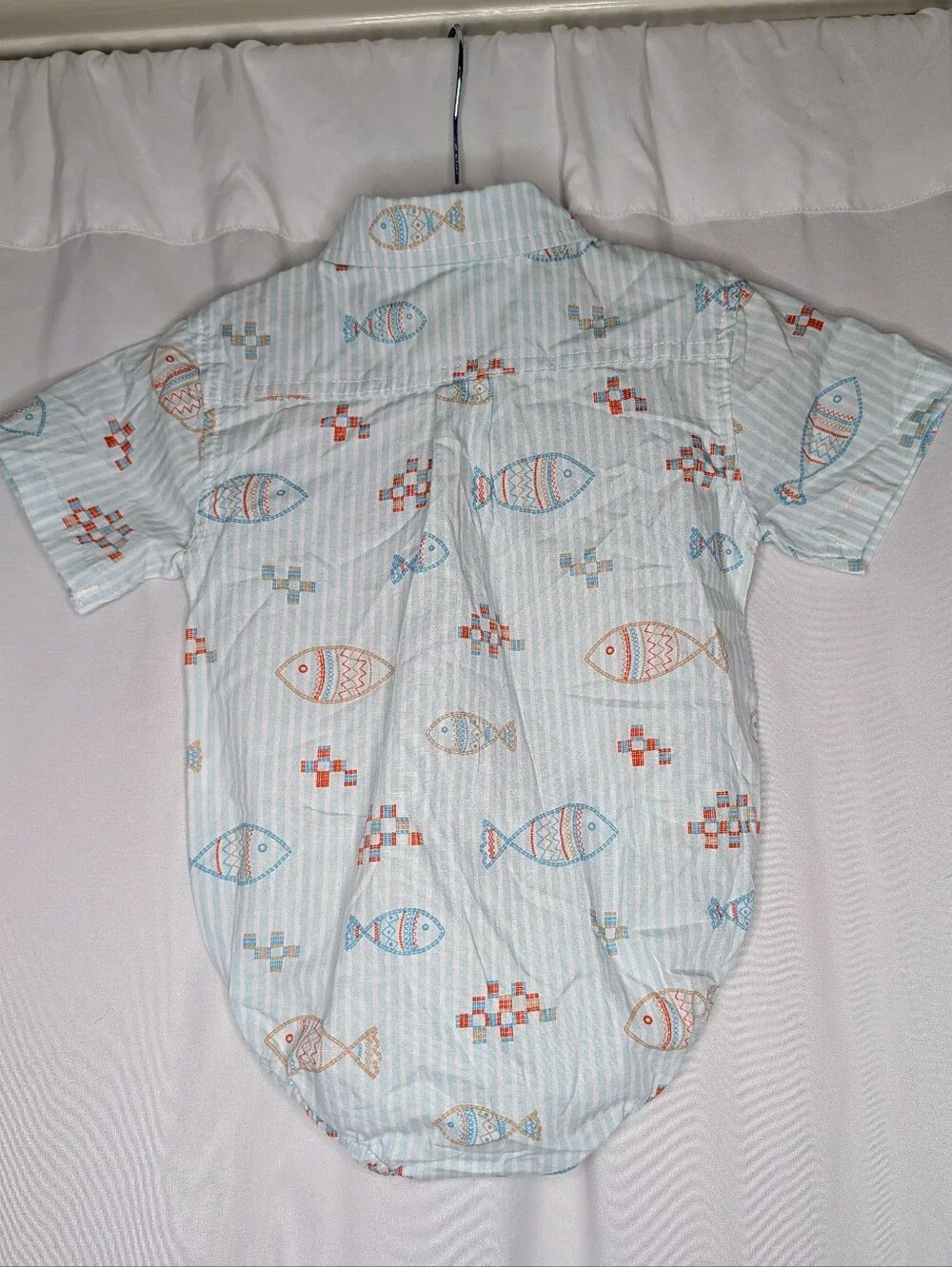 picapino Baby Boy Fish Print Light Blue Striped Bodysuit Romper 6/9M 6-9 Months